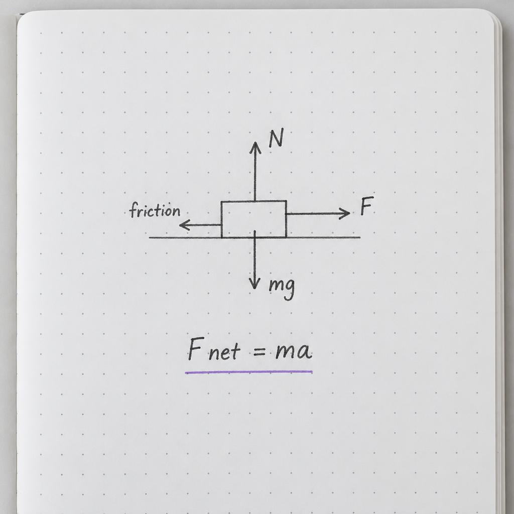Handwritten free-body diagram showing force, friction, and Newton’s second law